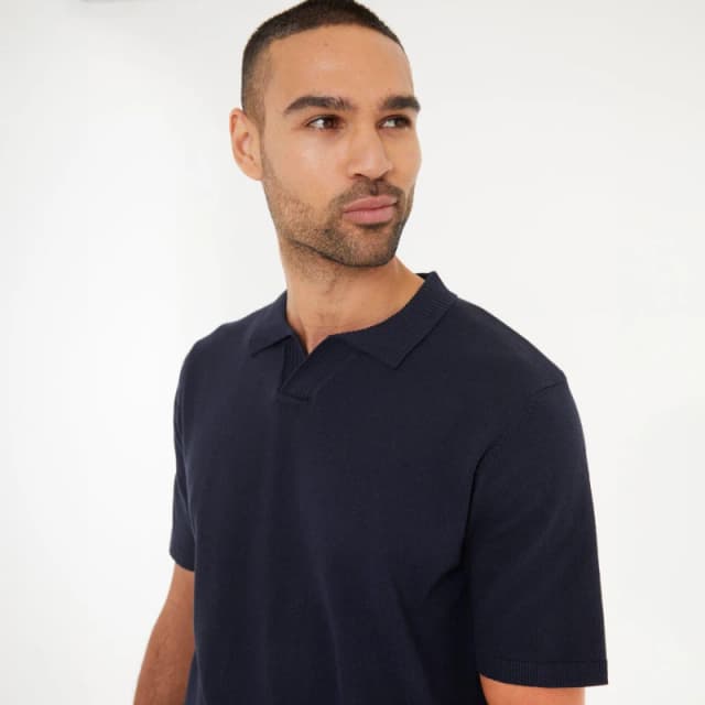 Threadbare Trophy Neck Short Sleeve Knitted Polo Navy