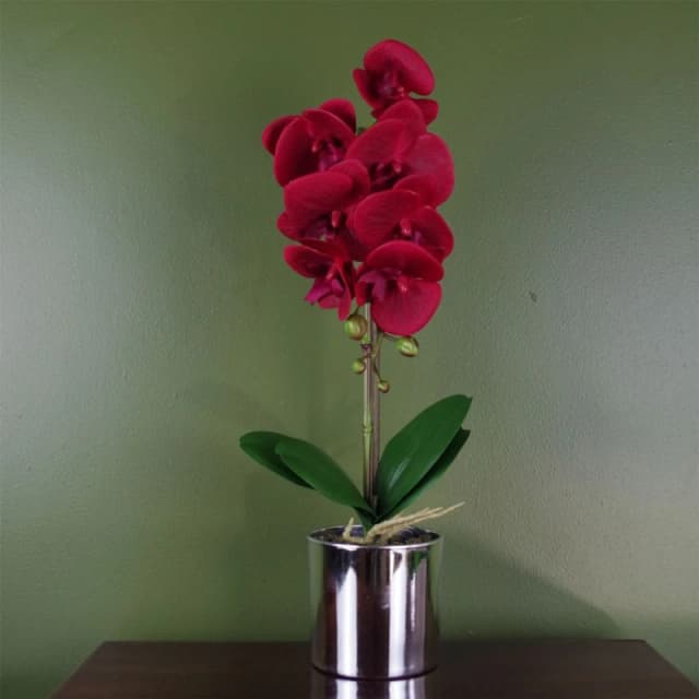 Leaf 46cm Artificial Orchid Red with Silver Pot Red