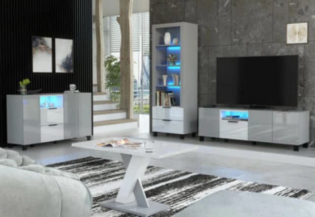 Furneo Living Room Set TV Stand Display Cabinet Sideboard Coffee Table Grey White High Gloss Matt Blue LED Lights Enzo 2/14/16/18