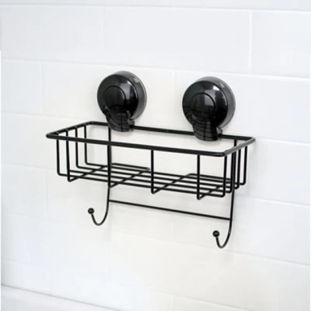 Showerdrape Suctionloc Black Steel Suction Wall Mounted Rectangular Basket With Mounting Discs