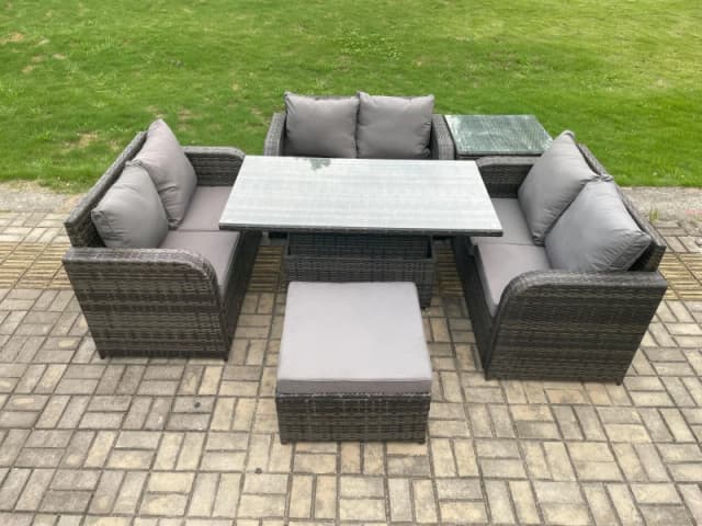 Fimous Rattan Garden Outdoor Furniture 3 PC Love Sofa Set Patio Adjustable Rising lifting Dining Table With Side Table Big Footstool Dark Grey