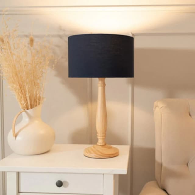 ValueLights Victoria Light Wood Traditional Stem Table Lamp with Fabric Drum Shade Navy