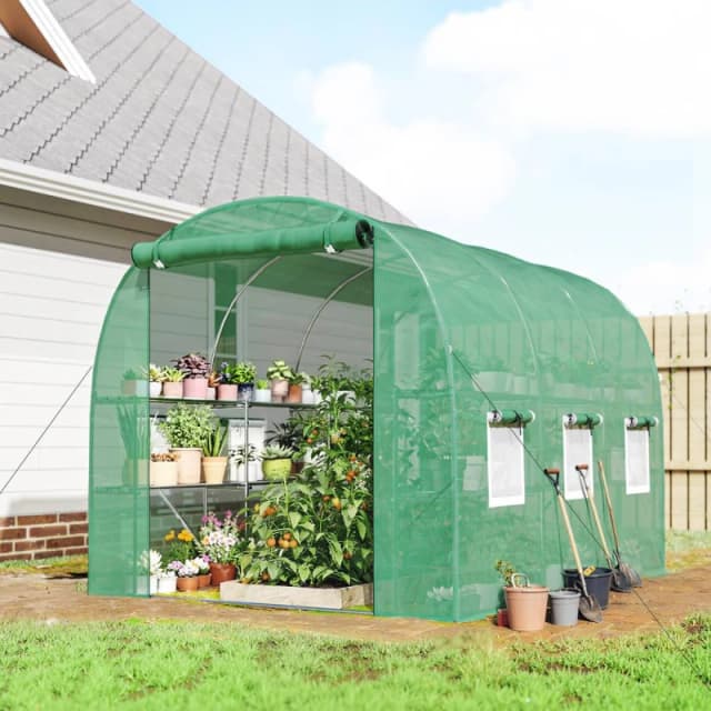 OUTSUNNY Walk-in Greenhouse with Shelves, Green House with Mesh Windows Green Unisex