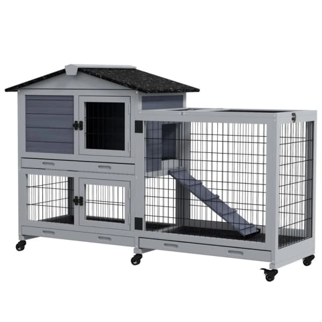 PawHut Large Rabbit hutch Outdoor Indoor w/ Wheels, Three Slide-Out Trays, Ramp, Grey D51-414V00GY