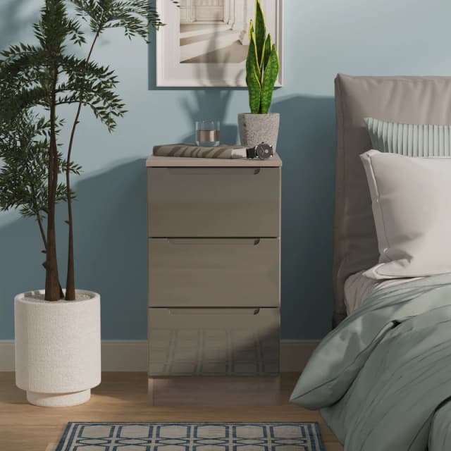 Cannes Ready Assembled 3 Drawer Bedside Cabinet in Grey Gloss & Grey Oak - Welcome Furniture TJ Hughes 5056812213003