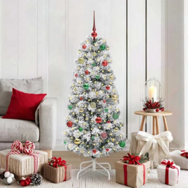 vidaXL Artificial Hinged Christmas Tree Green and white 150 cm, Green 3395594
