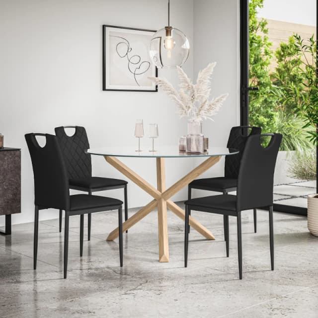 More4Homes Malvern Round Dining Table And Chairs - Clear Glass Table Top W Solid Oak Legs + Monza Faux Leather Dining Chair Set Of 4 (Black)