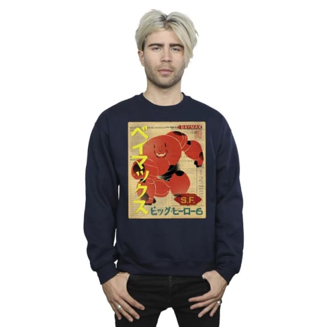 Disney Men Big Hero 6 Baymax Baymax Newspaper Sweatshirt in Navy Size: Small Navy S Male 5059934863767