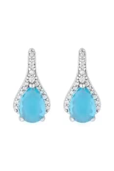 Rhodium Plated Cubic Zirconia Aqua Peardrop Earrings