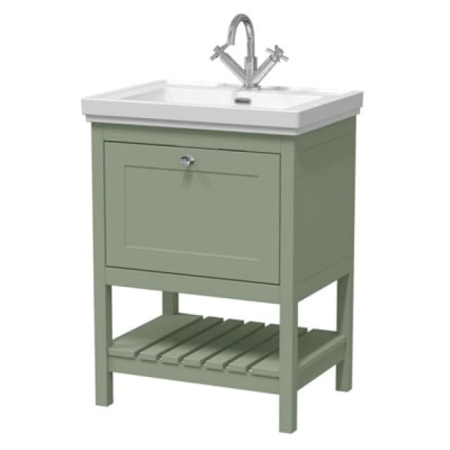 Nuie Old London Bexley Floor Standing 1 Drawer Vanity & 1 Tap Hole Fireclay Basin, Stylish Vanity Unit With Basin, Fern Green, 600mm