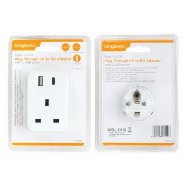 Kingavon Type C/Usb Plug Through UK To Eu Adaptor