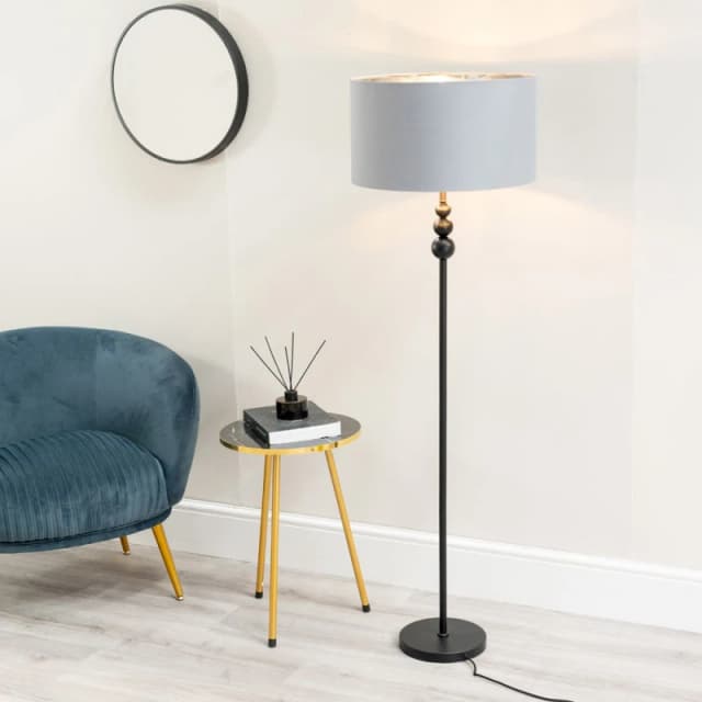 ValueLights Marissa Grey and Metallic Chrome Shade with Black Stacked Ball Floor Lamp Grey