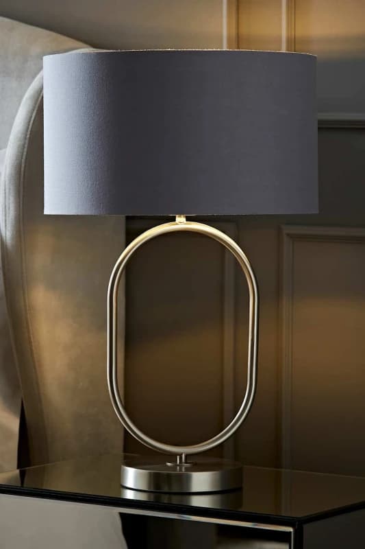 ValueLights ValueLights Antonia Fabric with Chrome Drum Shade Brushed Chrome Oval Table Lamp in Grey Grey One Size Unisex 5059406064791