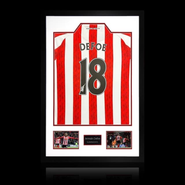 The Fan Cave Jermain Defoe Signed Sunderland Shirt Premium Fram Red & White unisex 850mm x 60
