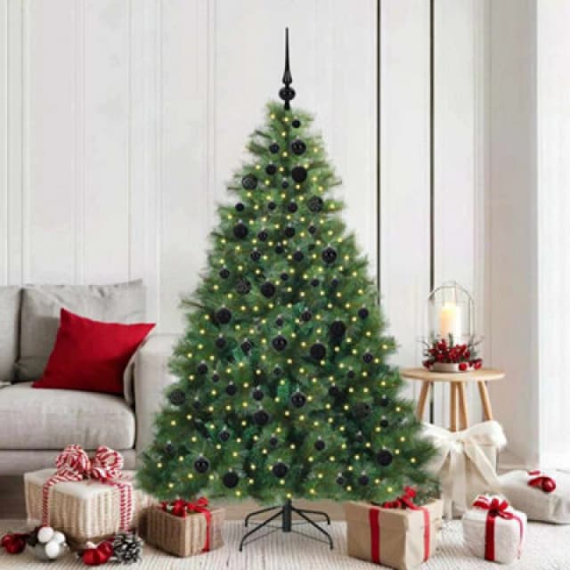 vidaXL Artificial Christmas Tree with 300 LEDs and Black Balls Green 180cm PE and PVC, Green 3397784