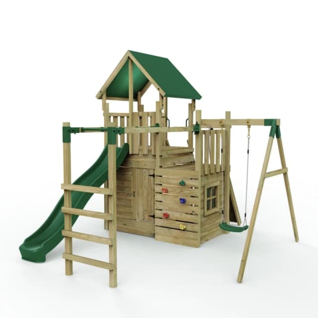 Rebo Wooden Climbing Frame Play Tower and Slide - M10 Single Swing Brown