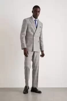 Slim Fit Double Breasted Grey Highlight Check Suit Jacket