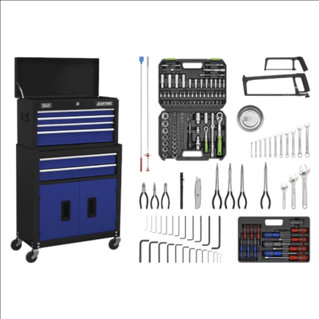 Sealey American Pro Topchest & Rollcab Combination 6 Drawer with Ball-Bearing Slides - Blue/Black & 170pc Tool Kit AP22BCOMBO