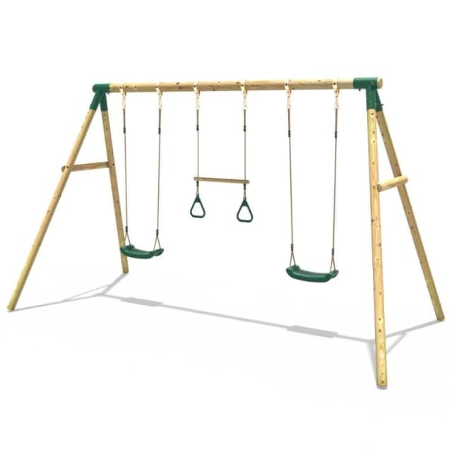 Rebo Wooden Garden Swing Set with 2 Swings and Trapeze Bar - Comet Green Green