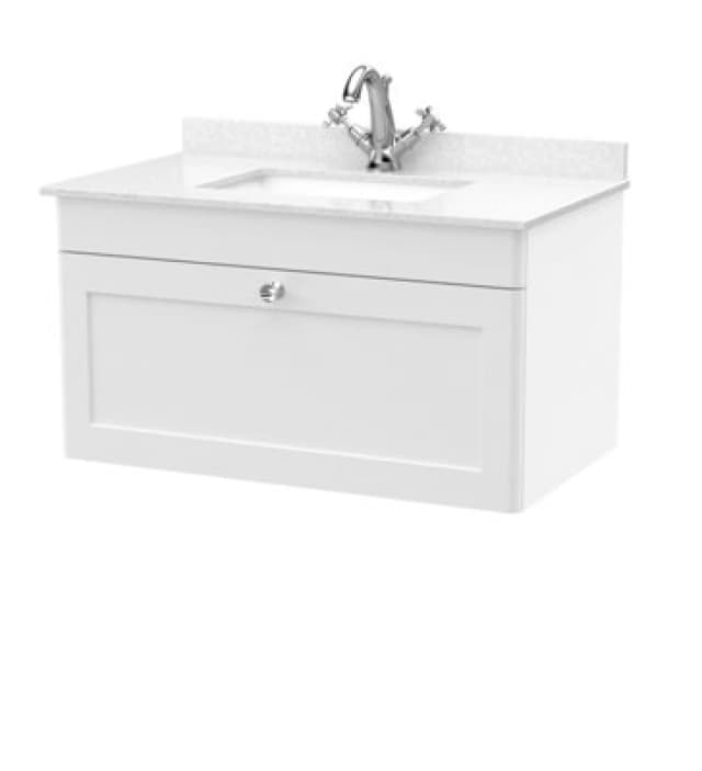 nuie 800mm Wall Hung 1 Drawer Vanity & Marble Top 1TH - Satin White CLC196WS1