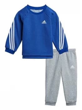 Boys, Adidas Infant Unisex 3 Stripe Crew & Jog Pant Set, Blue/Grey, Size 0-3 Months