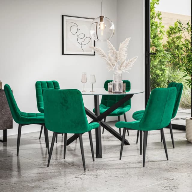 More4Homes Malvern Round Dining Table And Chairs - Clear Glass Table Top W Solid Black Oak Legs + Nova Velvet Dining Chair Set Of 6 (Green)