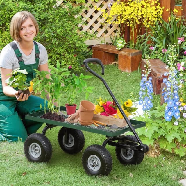 Outsunny Garden Trolley Cart with Pneumatic Wheels and Rotating Handle, Green B71-015V01