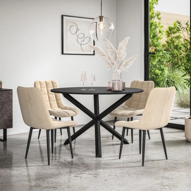 More4Homes Malvern Round Dining Table And Chairs - Black Table Top W Solid Black Oak Legs + Nova Velvet Dining Chair Set Of 4 (Beige)