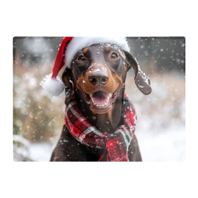 Warren Reed Designer Snowy Christmas Brown Doberman Dog Glass Chopping Board