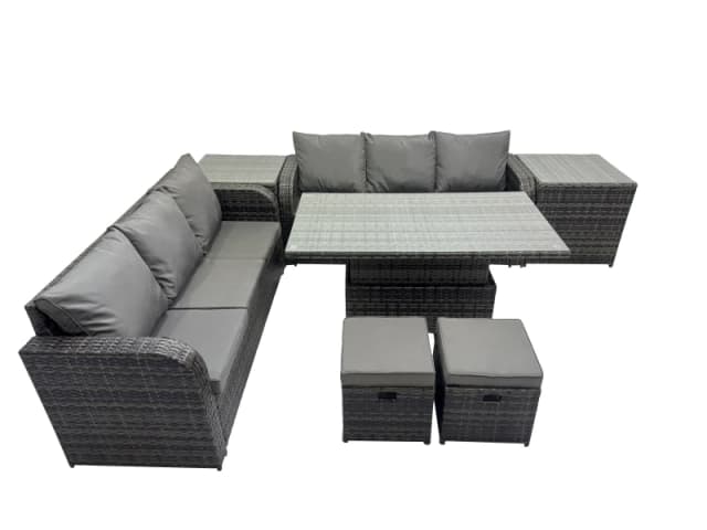 Fimous Rattan Garden Furniture Set 8-seater with 2 Side Table 2 Small Stools in Dark Grey Dark Grey Unisex