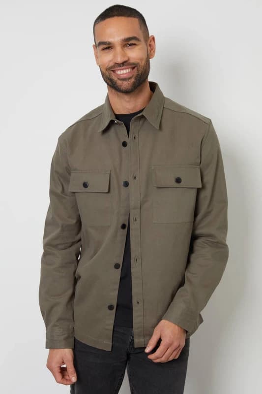 Threadbare 'Church' Cotton Twill Button Up Shacket Olive