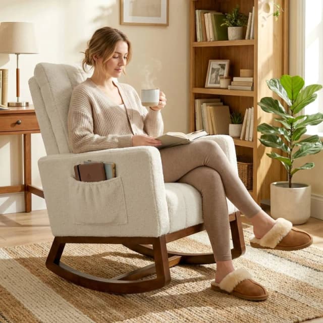 HOMCOM Rocking Chair for Adults, Lounge Rocker w/ Lumbar Pillow, Cream White Size: Armchair Cream Unisex Armchair