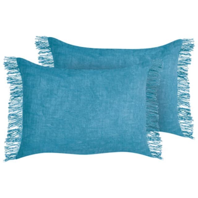 Beliani Set Of 2 Decorative Cushions Maba Cotton 50 X 35cm Blue Solid