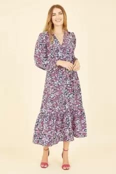 Pink Daisy Print Wrap Midi Dress With Long Sleeves