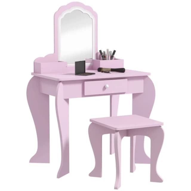 Zonekiz Kids Dressing Table Cloud Design W/ Mirror Stool, Drawer, Storage Boxes, Pink 316-011V80PK