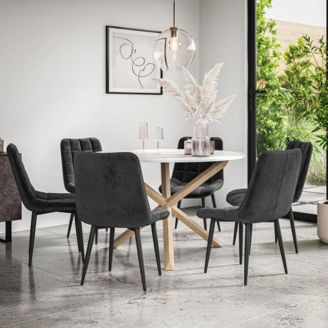 More4Homes Malvern Round Dining Table And Chairs - Marble Table Top W Solid Oak Legs + Nova Velvet Dining Chair Set Of 6 (Black)