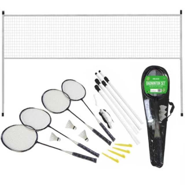Rexco Badminton Set 4 Player Rackets Shuttlecocks Heavy Duty Poles Net Bag Garden Game