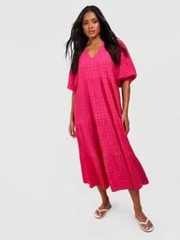 Boohoo Textured Puff Sleeve Tiered Midi Dress - Pink, Size 10, Women
