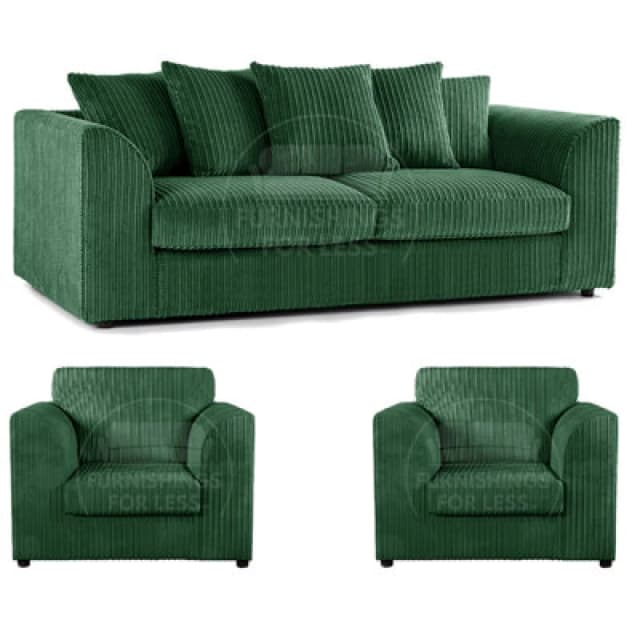 Furnishings For Less UK Luxor Jumbo Cord 3 + 1 + 1 Fabric 3 Piece Sofa Suite - Scatter Back Green