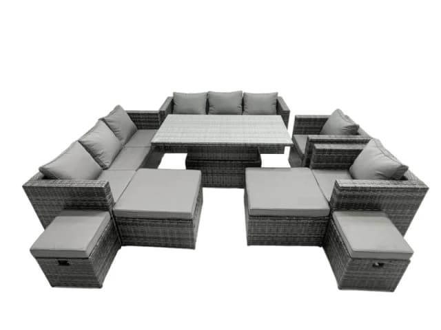 Fimous Rattan Dining Table Sofa Set with 4 Stools Outdoor 12 Seat in Dark Grey Dark Grey Unisex