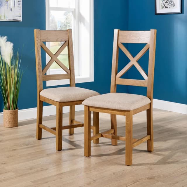 Home Source Copenhagen Pair Of Assembled High Cross Backed Dining Chairs Beige Wool Seat Solid Oak Legs