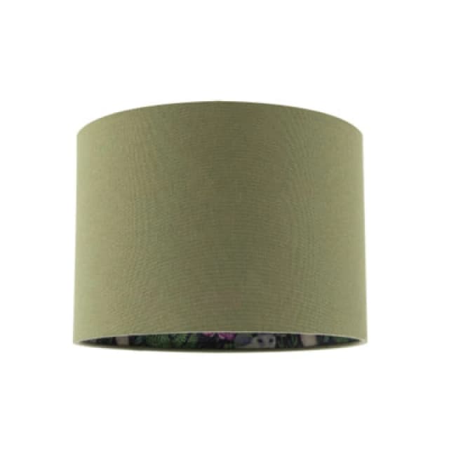 Happy Homewares Woodland Animals And Forest Drum Lamp Shade With Olive Green Linen