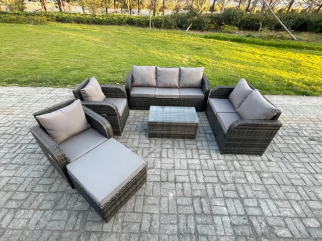Fimous 8 Seater Rattan Wicker Garden Furniture Patio Conservatory Sofa Set with Rectangular Coffee Table 3 Seater Sofa Love Sofa Big Footstool Dark Gr