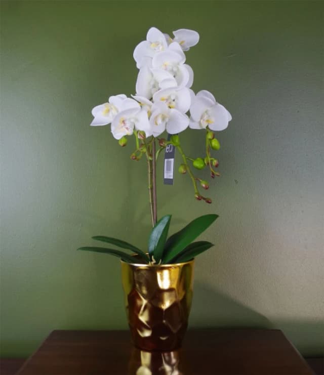 Leaf 54cm Artificial Orchid Plant - White with Gold Pot White