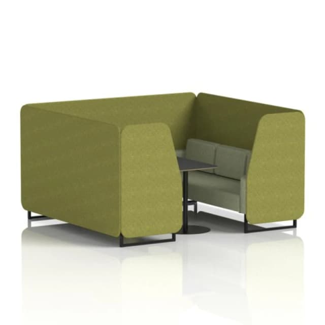 Brixworth 6 Seater Office Booth with Front Panel - Black Legs and Black Table with Black Leg in Rivet Fabric - Olive Panels and Burnish Sofa