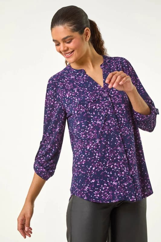 Roman Stretch Speckled Print Blouse Purple