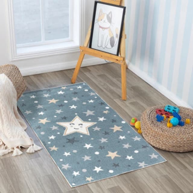 Livabliss Kids Machine Washable Blue/beige Bedroom Supermama Area Rug 80 X 150 Cm - Easy Care, Soft & Safe Rug For Kids Spaces