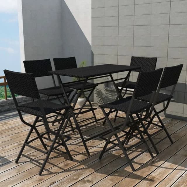 vidaXL Outdoor Dining Set 7 Pieces Poly Rattan Black Folding Bar Table Chairs
