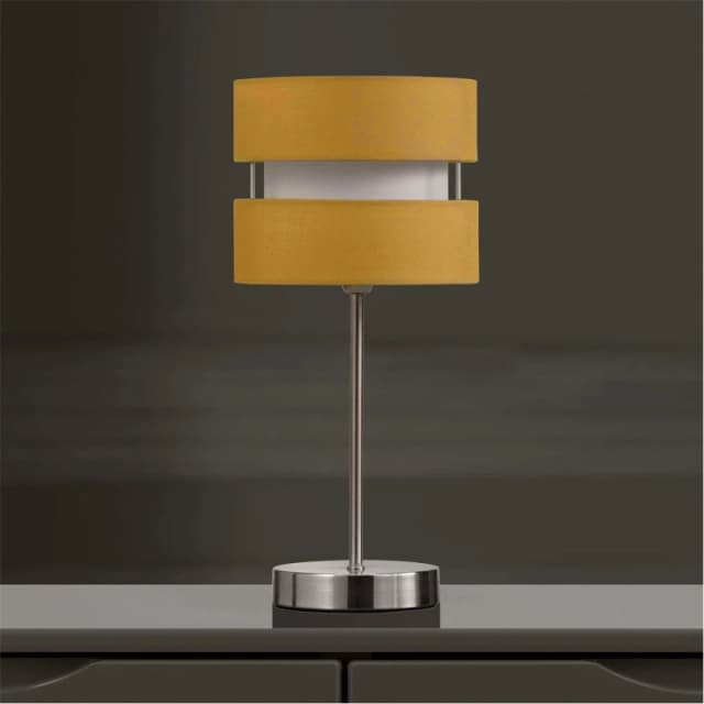 K LIVING Chrome Table Lamp with Layer Fabric Shade Yellow Ochre Yellow