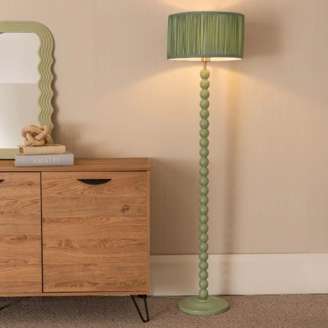 ValueLights Bobbins Sage Green Floor Lamp with Ruched Pleated Drum Lamp Shade Pale Green
